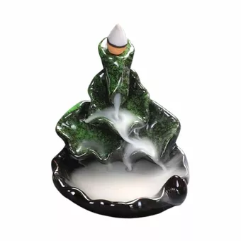 Ceramiczny uchwyt na kadzidełka z przepływem zwrotnym, kaskadowym wzorem i zielonymi liśćmi lotosu, 10 cm
