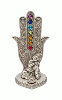 Uchwyt na kadzidło Dłoń Fatimy Budda 7 Czakr w Kolorze Srebrnym z Żywicy 16 cm