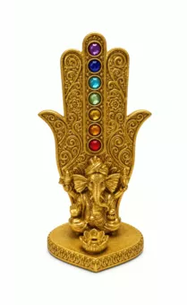 Trzymacz na kadzidło w kształcie Ręki Fatimy Ganesh 7 Czakr, złoty, żywica, 16 cm