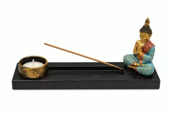 Wielokolorowy Świecznik i Podstawka na Kadzidło Budda Medytacja z Drewna i Żywicy 24 cm