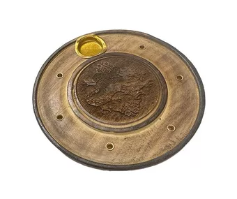 Okrągły drewniany uchwyt na kadzidło z rzeźbionym smokiem 10 cm x 10