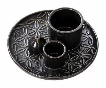 Czarny ceramiczny stojak na kadzidełka Kwiaty Życia do Palo Santo i białej szałwii 13 cm