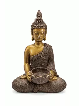 Figurka Buddy Medytującego z Miską, Brązowo-Złota, Żywica 25 cm