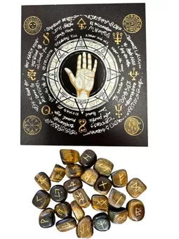 Pudełko na runy Futhark Tygrysiego Oka w płóciennym woreczku 10x11cm