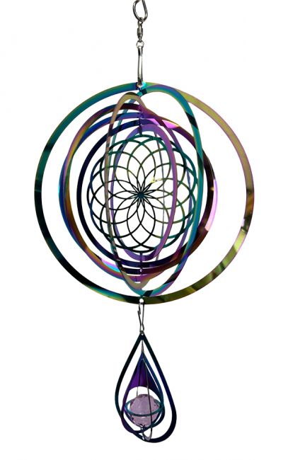 Stalowy dzwonek wietrzny 3D tęczowy kwiat życia Kryształ 15cm